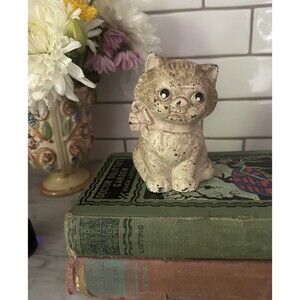 Vintage Hubley Cast Iron Kitty Cat Piggy Coin Bank Pink Bow Original Paint 4.75"